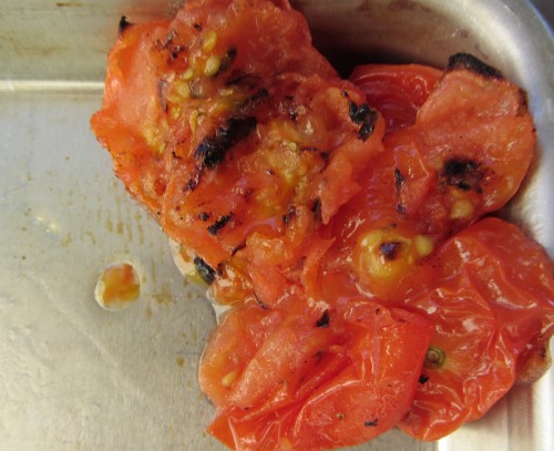 Roasted and mashed up with tongs.