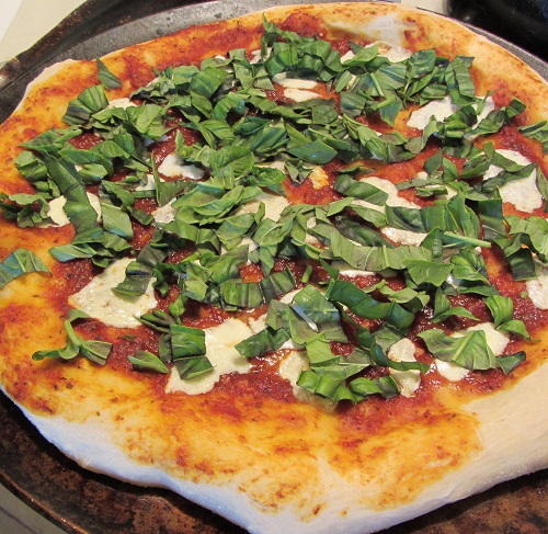 63% hydration, 3% oil. Last year's frozen "assorted tomatoes" as sauce.